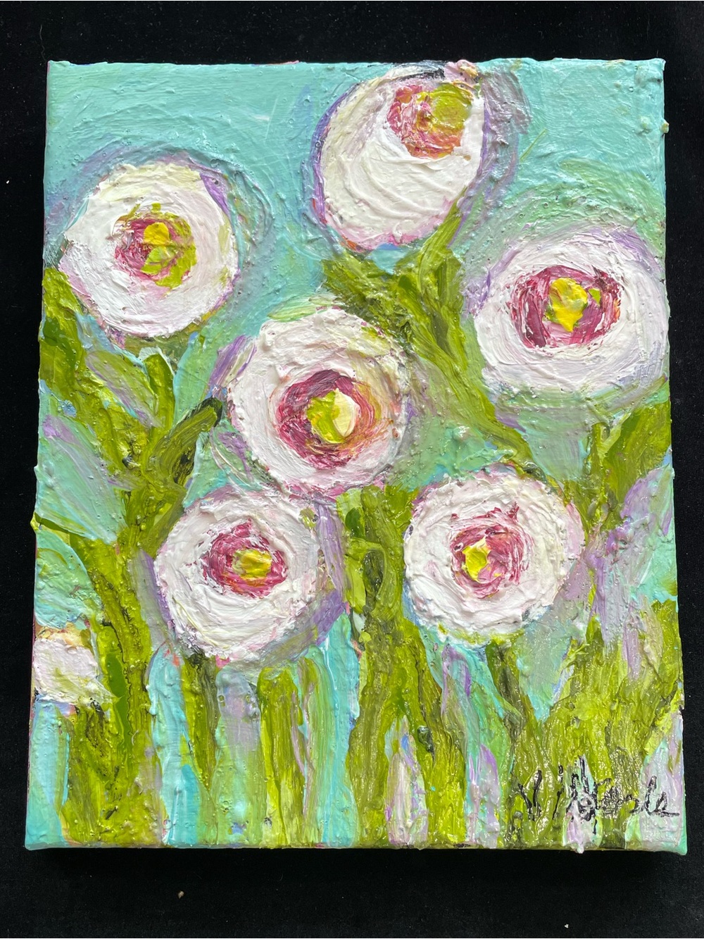 Pink Peonies On Mint”An Original Acrylic Painting On Canvas 10”x8”
